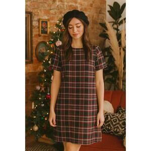 Sunday West Plaid Shift Dress Short Sleeve Side Slit - Small